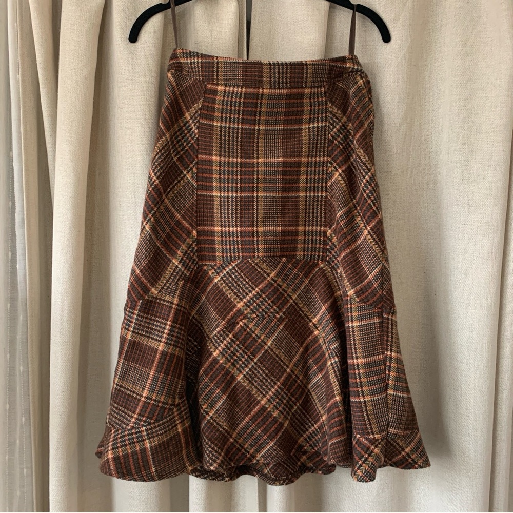 HALLHUBER BROWN PLAID MIDI RUFFLE SKIRT 34